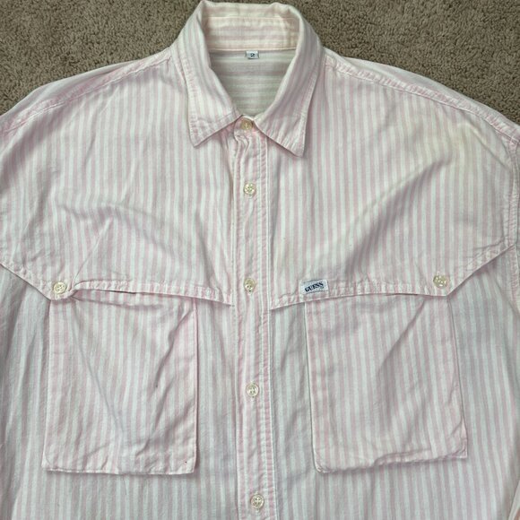 Vintage Guess Georges Marciano Button Up Shirt Womens Pink Striped Oversized 2 - Picture 4 of 11